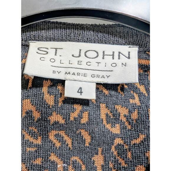 St John Collection Marie Gray Leopard Print Santana Knit Cardigan Jacket Size 4 - Picture 2 of 6